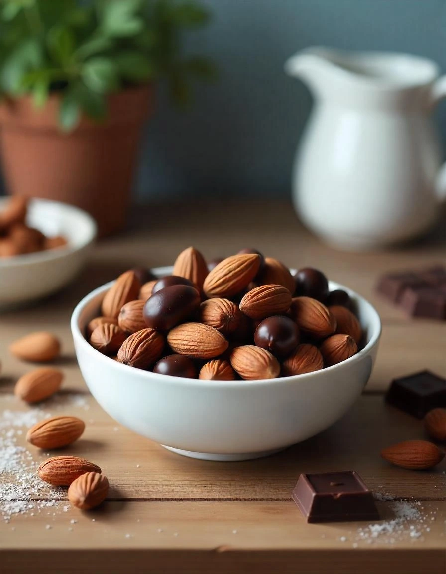 A glossy bowl of chocolate covered almonds with roasted almonds scattered around, placed on a wooden kitchen counter.