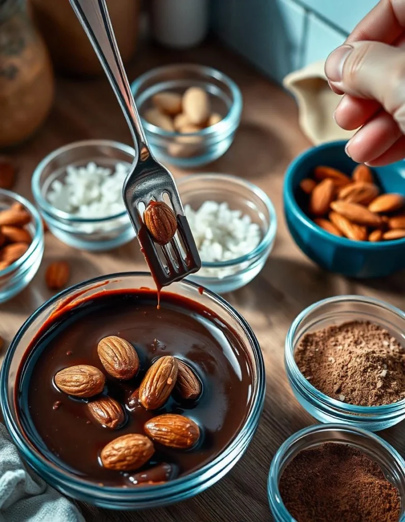A step-by-step visual of roasted almonds being dipped into melted dark chocolate.