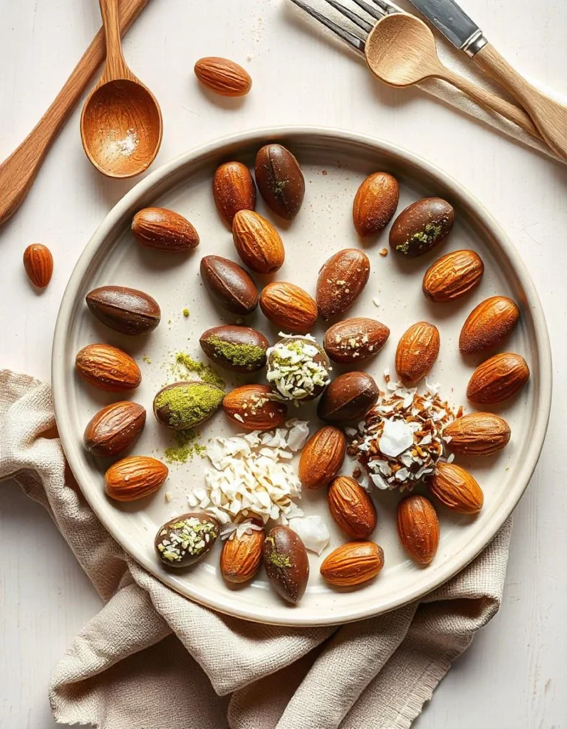 A selection of chocolate covered almonds with creative toppings like matcha, sea salt, and coconut flakes.