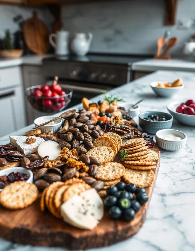 A charcuterie board featuring chocolate covered almonds, cheese, and fruits.