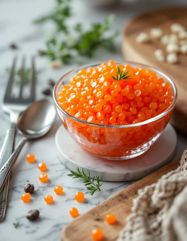 Salmon roe displayed in a glass bowl on a marble countertop with modern kitchen utensils.