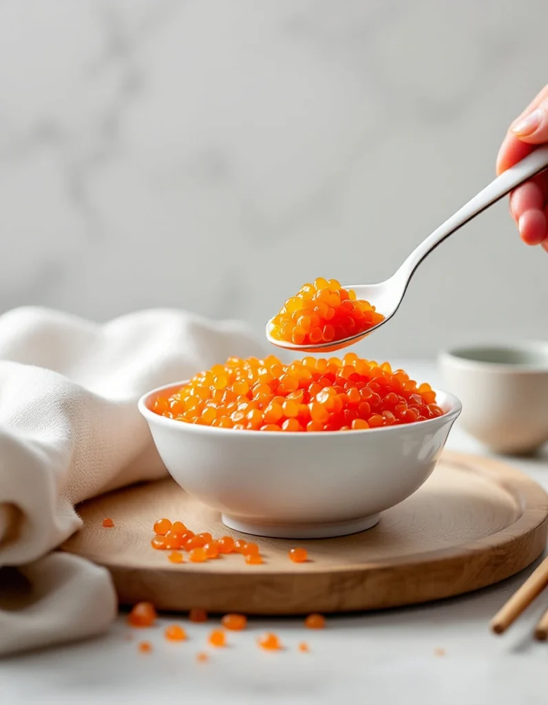 Salmon roe scooped with a mother-of-pearl spoon, with chopsticks and napkin in a minimalist kitchen.