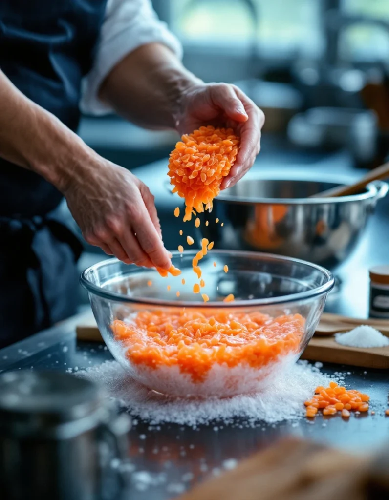 Chef rinsing salmon roe in a modern kitchen with a colander and sea salt jar on the countertop.