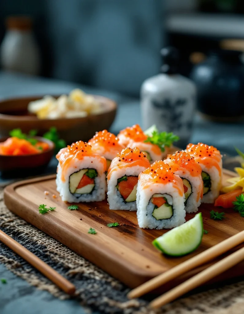 Sushi rolls topped with salmon roe on a wooden serving board with garnishes in a stylish kitchen.