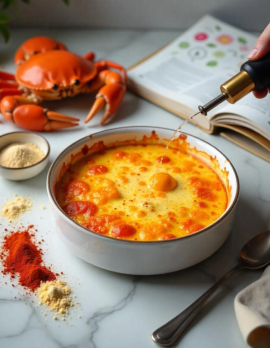 A visually appealing crab brulee dish with a caramelized golden topping, served in an elegant ramekin.