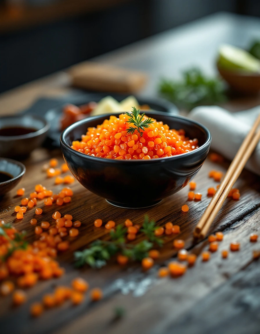 Salmon roe displayed in a luxury kitchen setting with sushi-making tools.