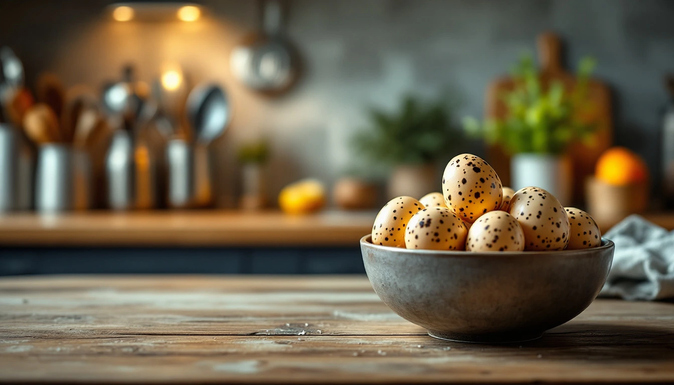 A bowl of speckled quail eggs on a wooden countertop in a rustic kitchen.