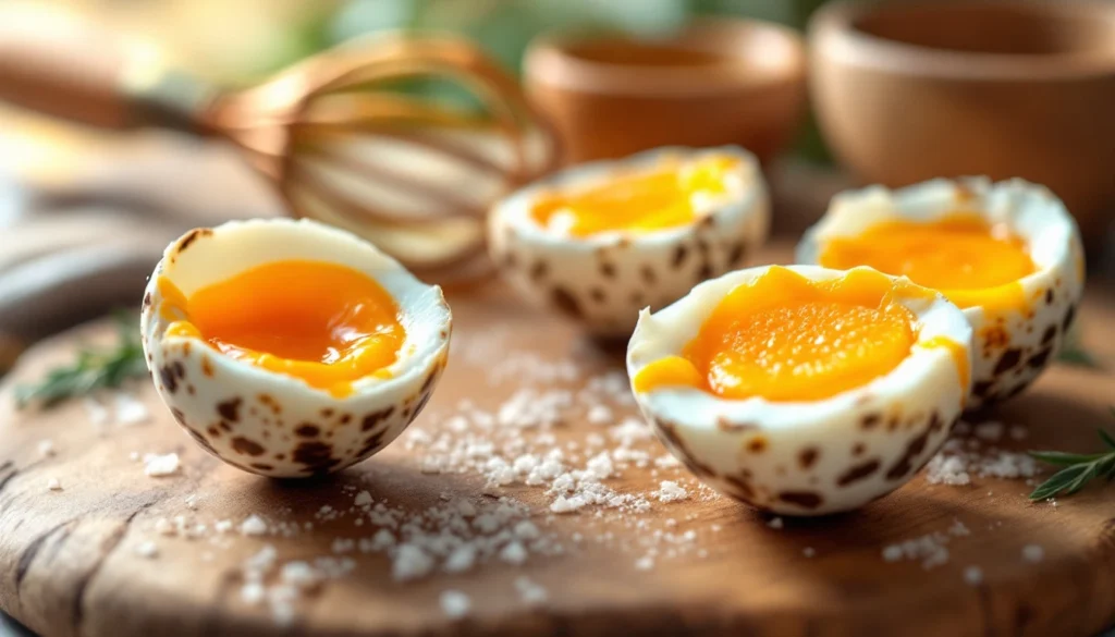 Cracked quail eggs with rich yolks on a wooden cutting board in a rustic kitchen.