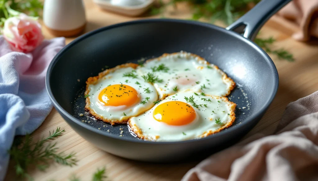 Fried quail eggs in a pan surrounded by fresh herbs and kitchen essentials in a rustic kitchen.