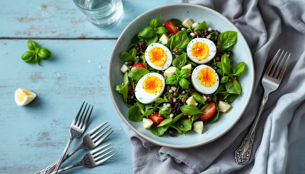 Gourmet salad topped with quail eggs on a wooden table in a rustic kitchen setting.