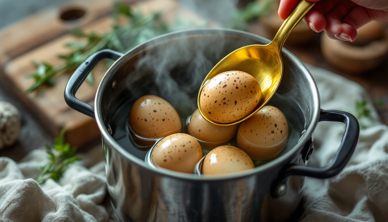 Quail eggs being placed into a boiling pot in a rustic kitchen with a spoon.