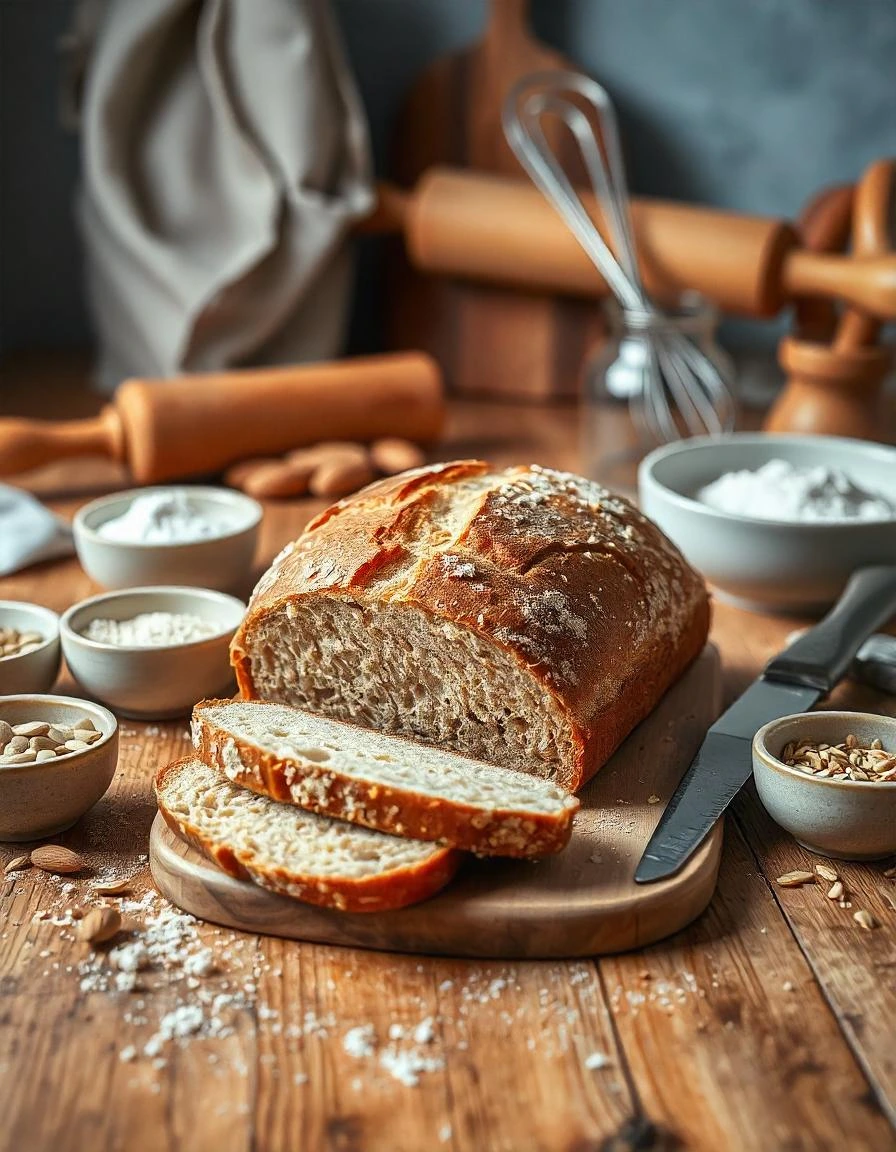 Freshly baked gluten-free bread on a wooden table with bowls of alternative flours and seeds in a rustic kitchen setting.