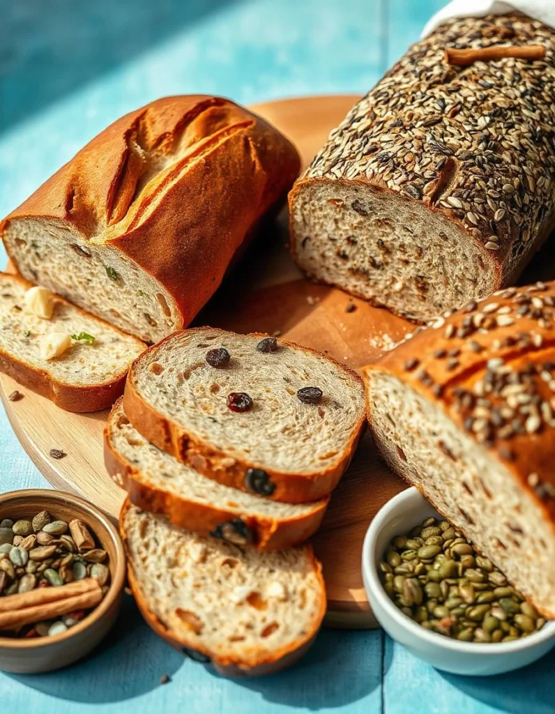 Three creative gluten-free bread variations: garlic and herb, cinnamon raisin, and seeded multigrain, displayed on a wooden platter.