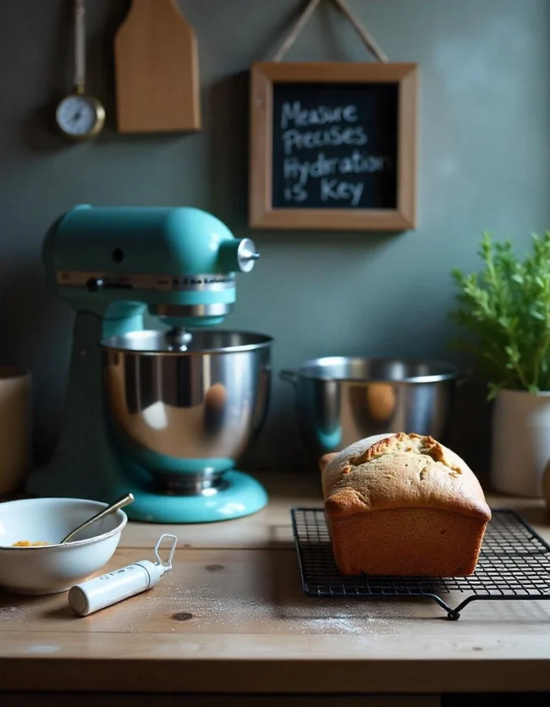 Essential tools for gluten-free baking including a stand mixer, loaf pans, and a cooling rack in a cozy kitchen setting