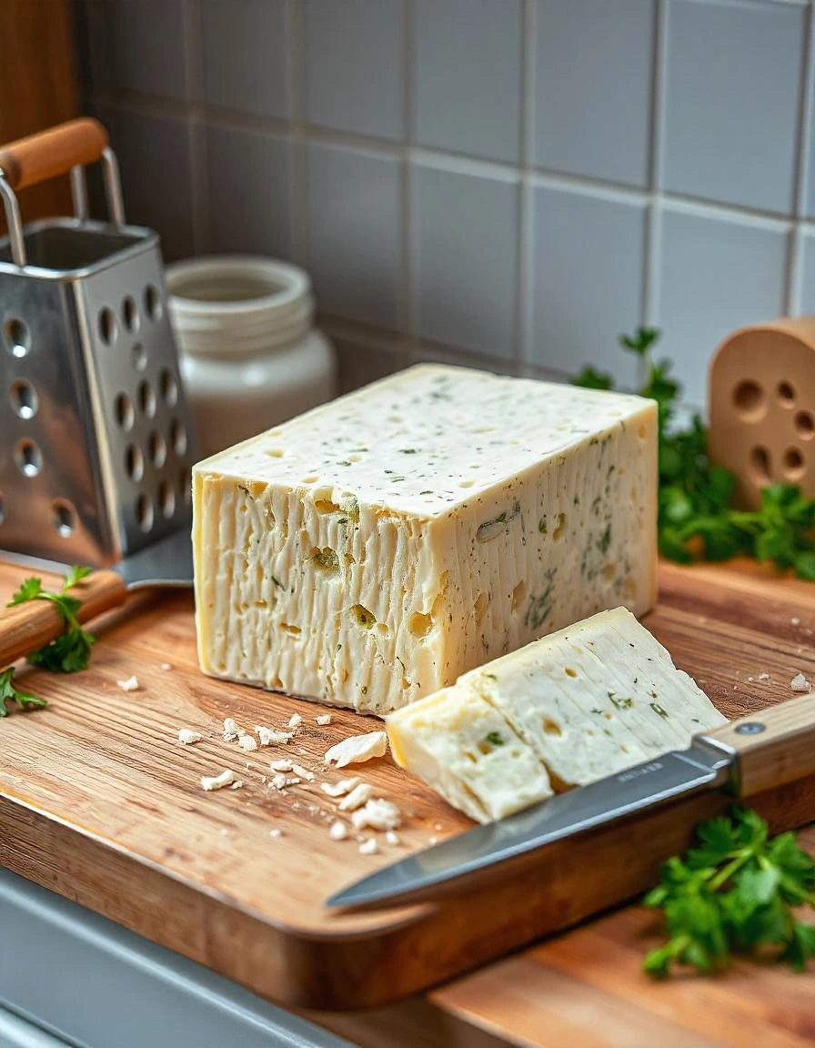 Block of parmesan cheese with grater and fresh herbs in a rustic kitchen setting.