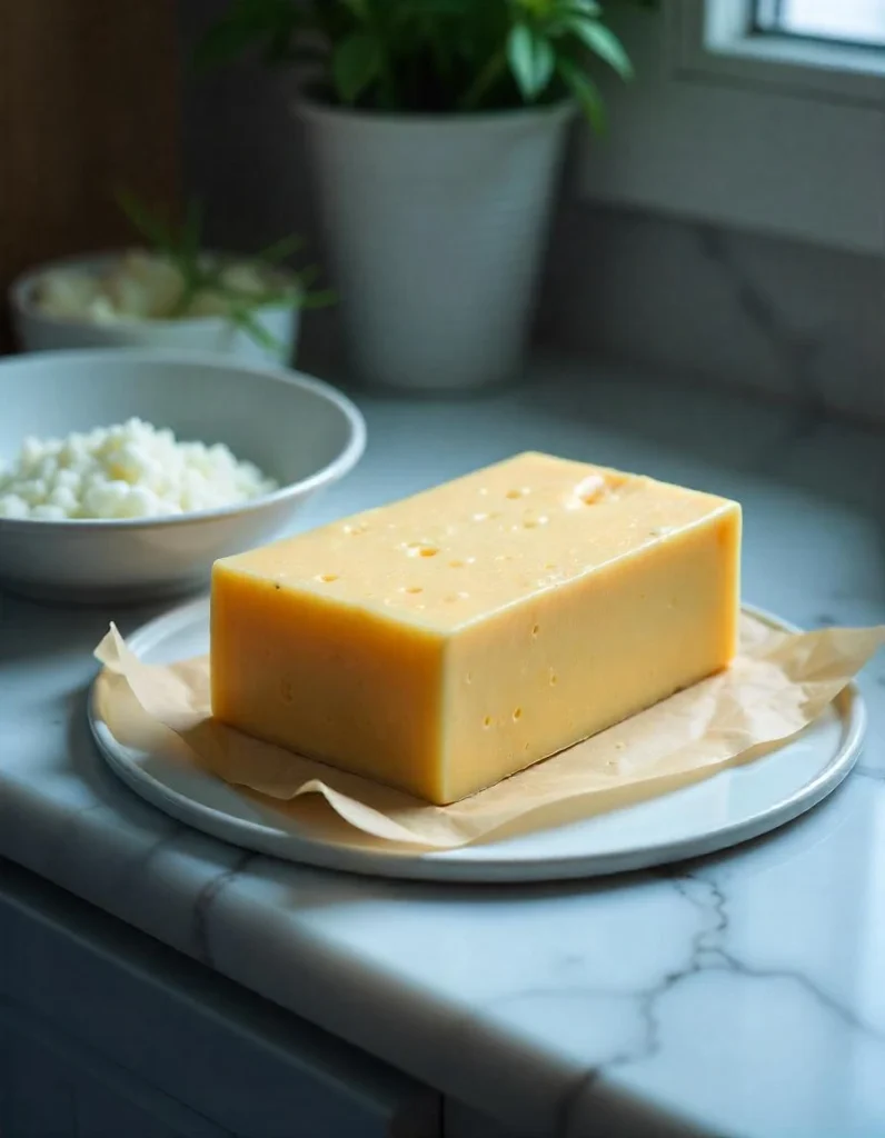 Wrapped parmesan cheese block next to a refrigerator on a marble countertop.