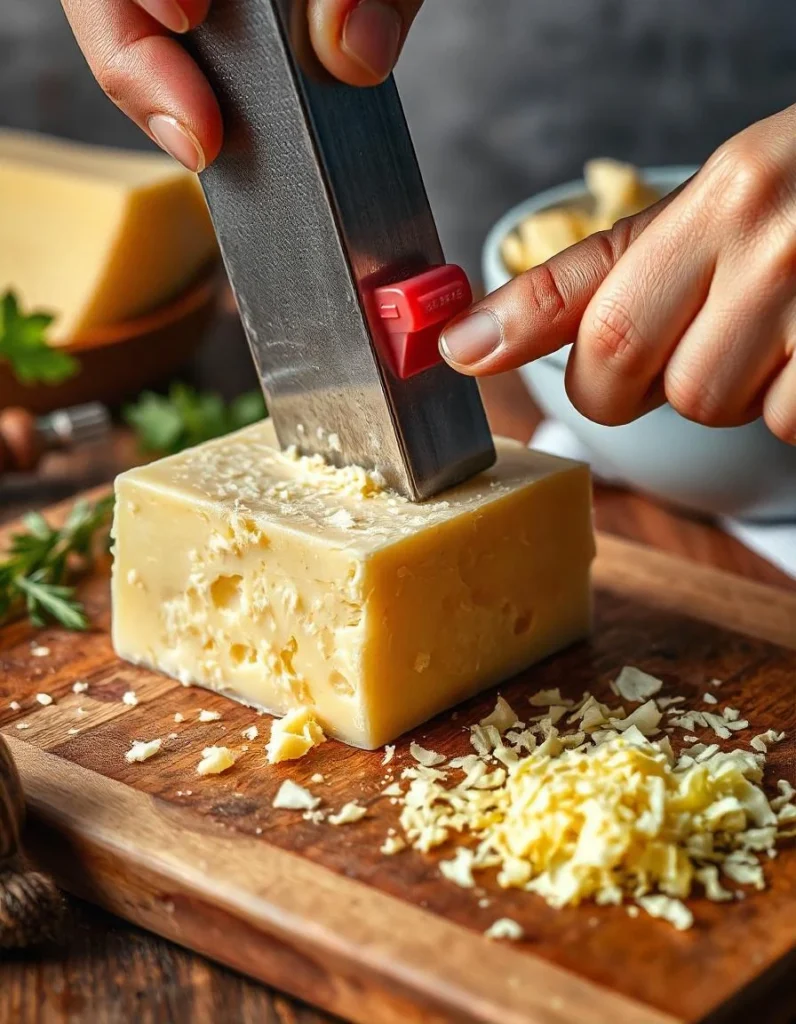 Grating parmesan cheese block with a microplane on a wooden board.