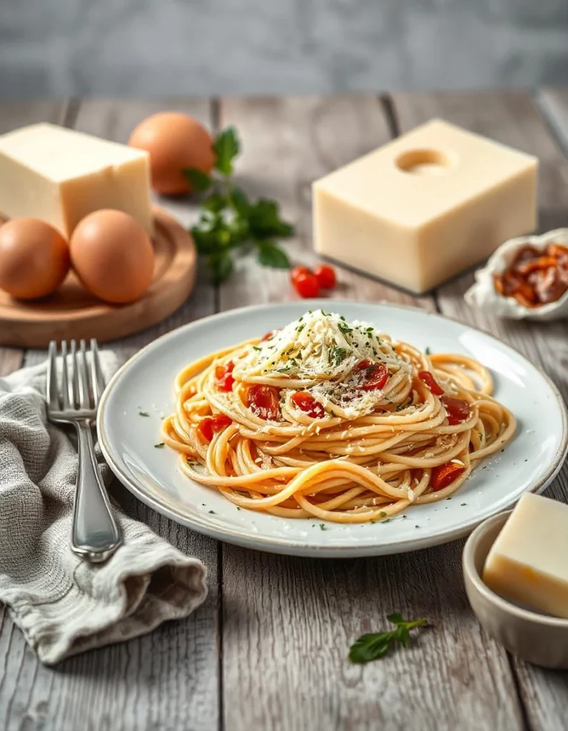 Spaghetti carbonara topped with grated parmesan cheese on a rustic table.