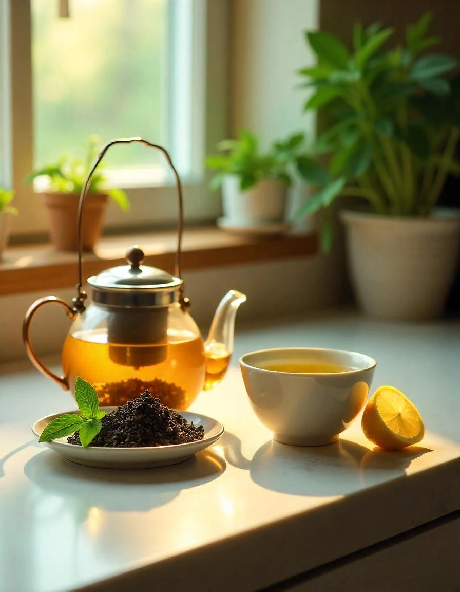 Gunpowder tea leaves and a cup of freshly brewed tea on a modern kitchen countertop.