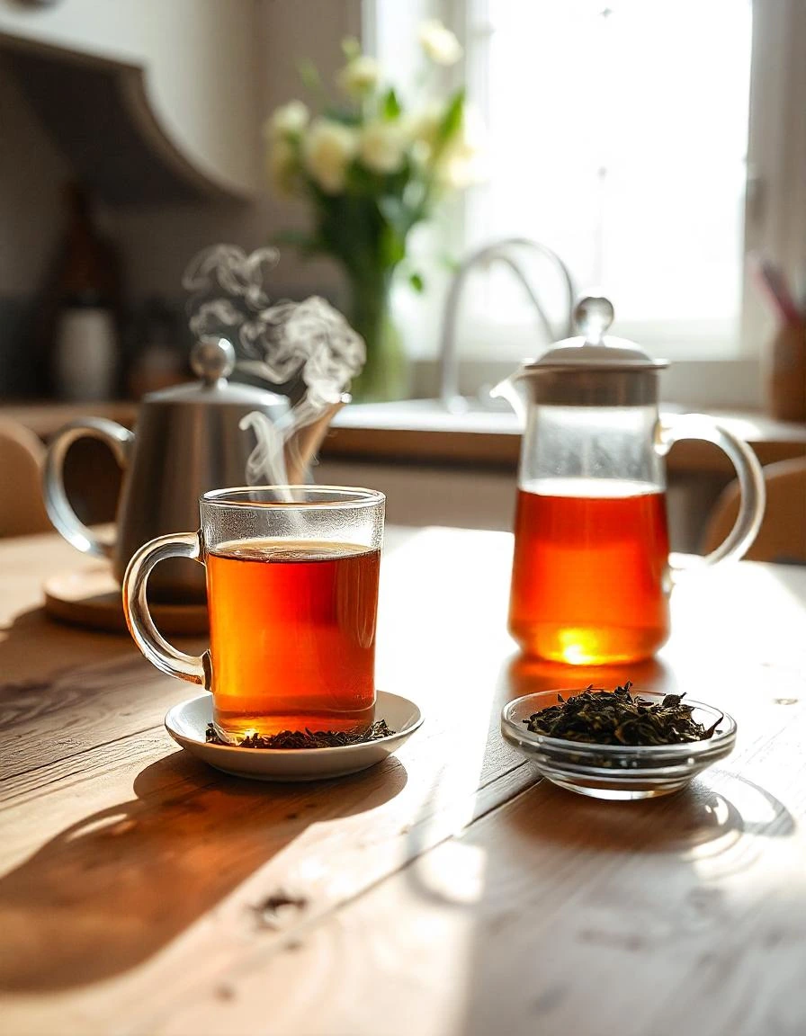 A steaming cup of tea with loose leaves on a rustic wooden table in a cozy kitchen.