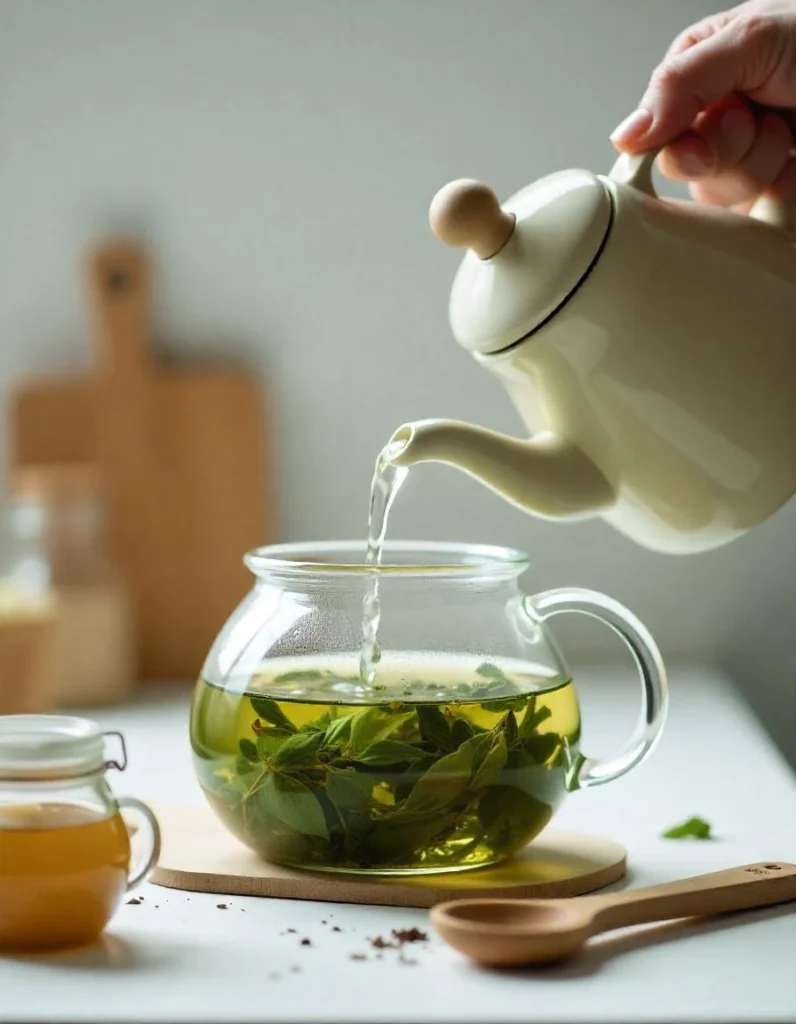 Hot water being poured into a teapot with rolled tea leaves in a cozy kitchen.