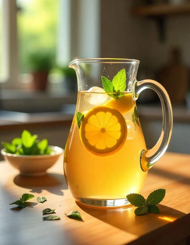 Iced tea in a clear pitcher with lemon slices, mint, and tea leaves on a rustic table.