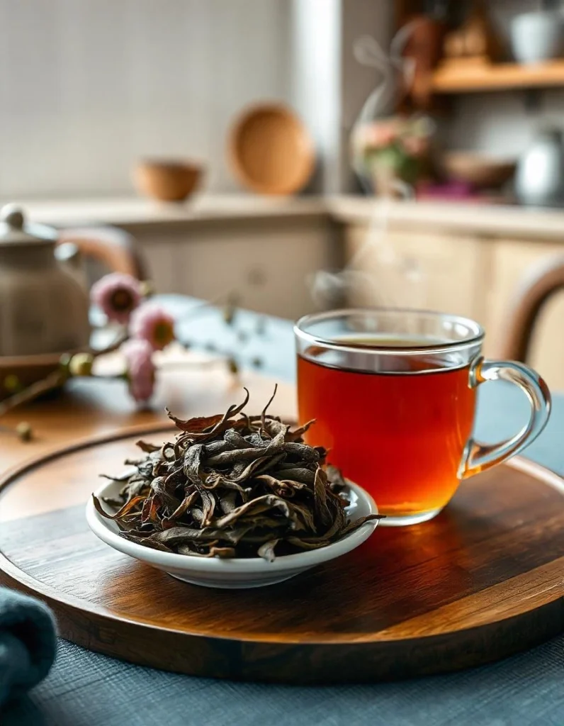 Steaming cup of tea next to wet unfurled tea leaves in a cozy kitchen setting.