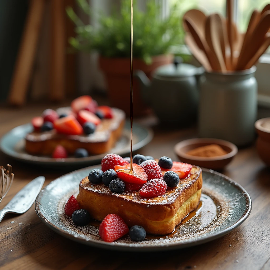 Plate of sourdough French toast topped with berries and syrup on a rustic wooden countertop.