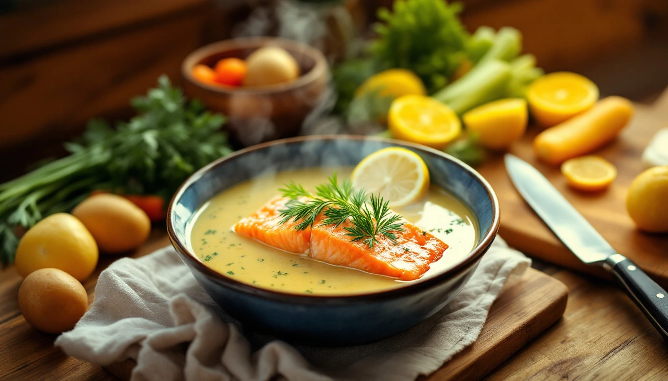 Steaming bowl of creamy salmon soup with fresh dill and lemon slices on a rustic kitchen table.