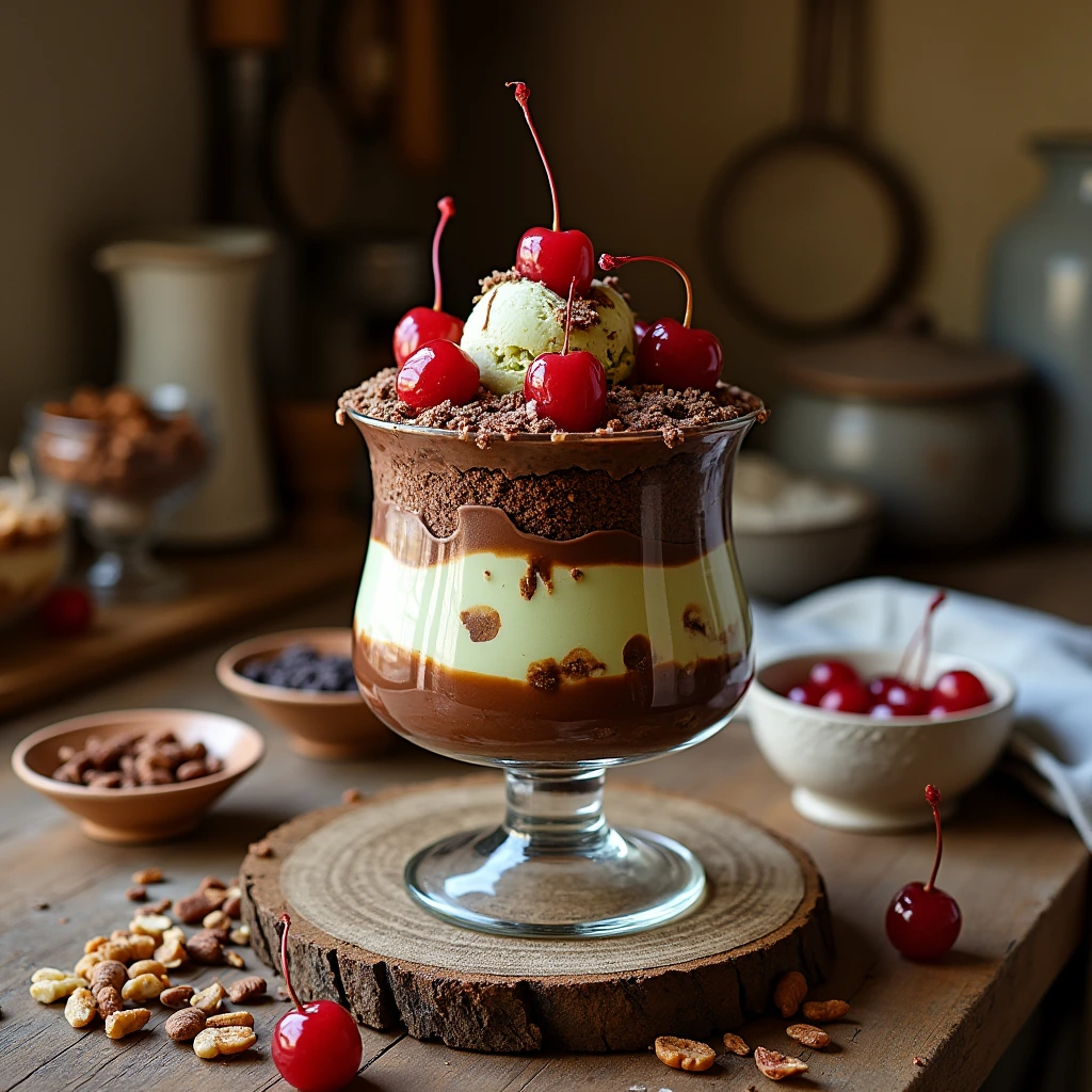 Layered spumoni ice cream with chocolate, pistachio, and cherry layers on a wooden table surrounded by candied fruits and nuts.