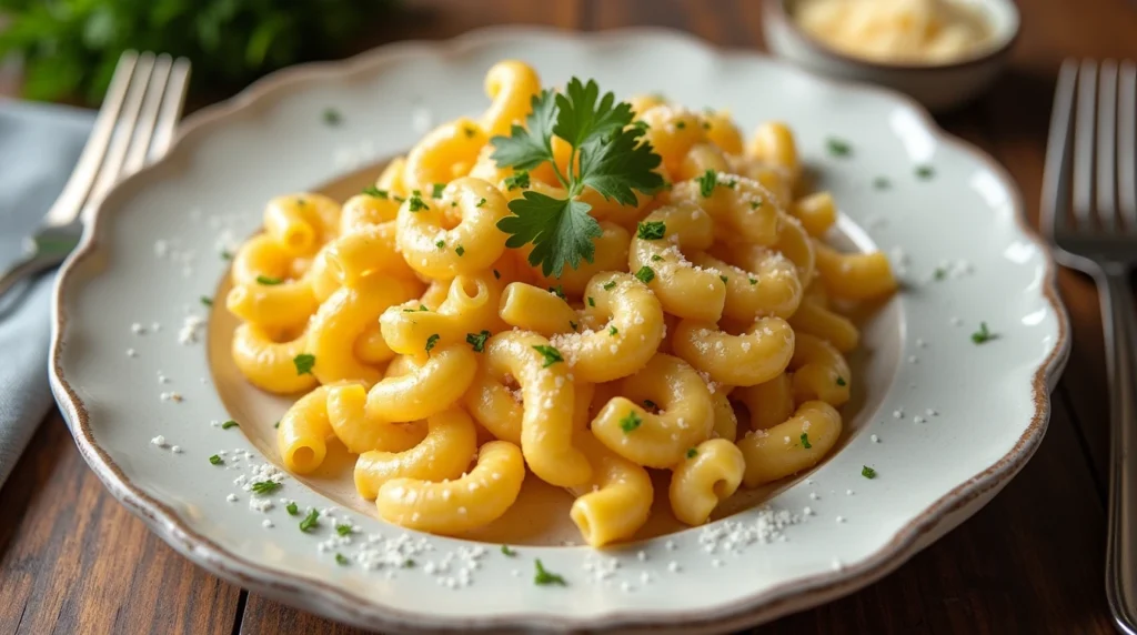 Mac and cheese garnished with parsley on a rustic white plate on a wooden countertop.
