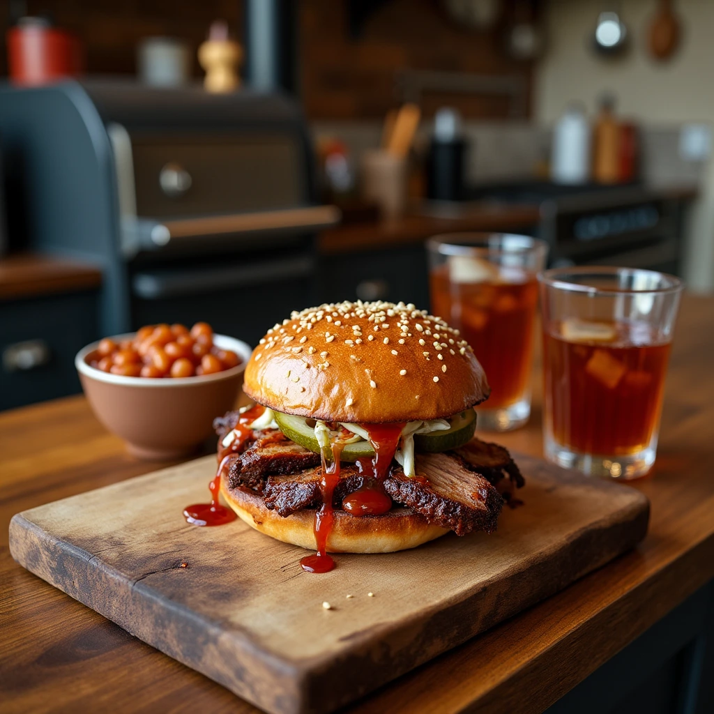 A mouthwatering BBQ brisket sandwich with brioche buns, smoked brisket, and coleslaw, served on a rustic wooden board with sides and a drink.