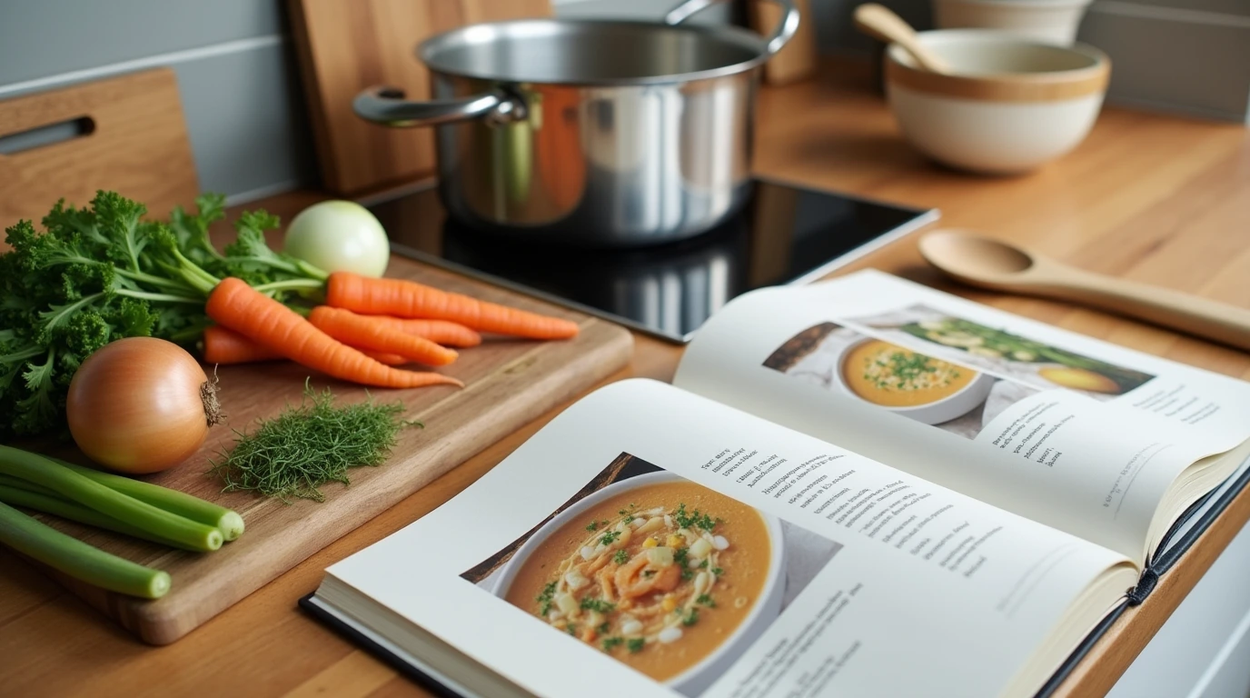 Modern kitchen with a simmering pot, fresh vegetables, and an open cookbook.