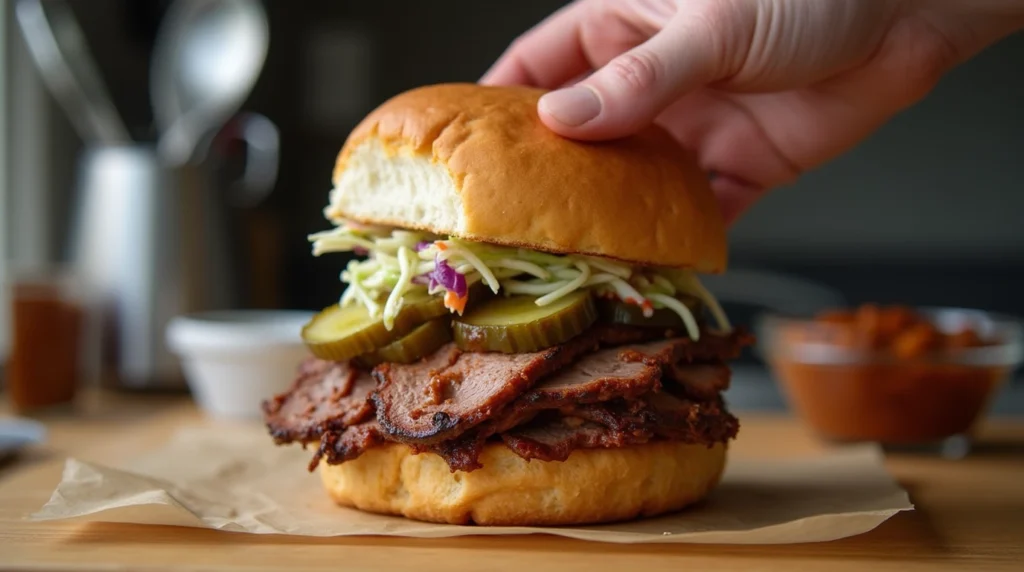 A brisket sandwich being assembled with layers of smoked brisket, coleslaw, pickles, and BBQ sauce, set on a brioche bun.