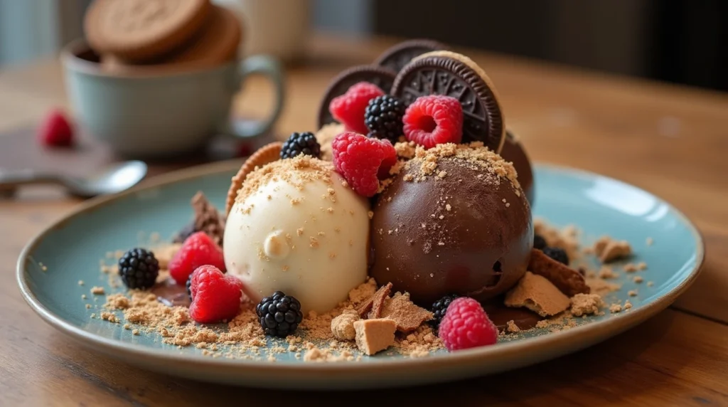 Modern spumoni variation with salted caramel, espresso, and raspberry flavors garnished with fresh berries and crushed cookies.