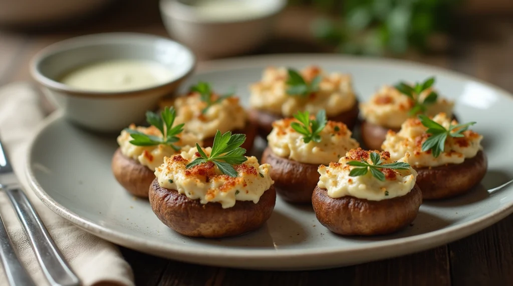 A plate of crab-stuffed mushrooms garnished with herbs, accompanied by a dipping sauce and a linen napkin