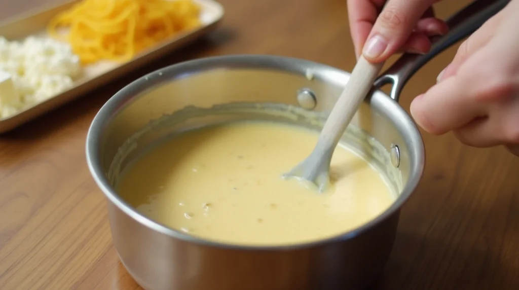 Hands stirring creamy cheese sauce in a stainless steel saucepan on a wooden countertop.