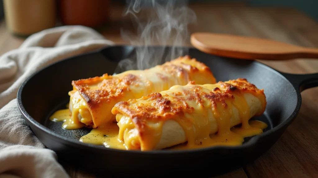 Close-up of a grilled cheese burrito with a crispy golden-brown exterior on a skillet.
