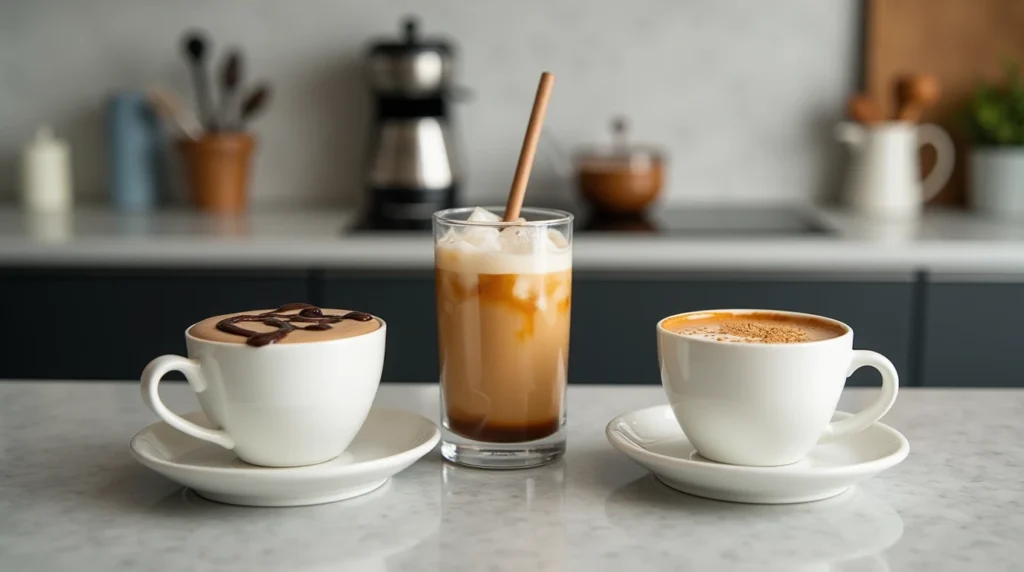 Three variations of breve coffee: mocha breve, iced breve coffee, and classic breve coffee with nutmeg.