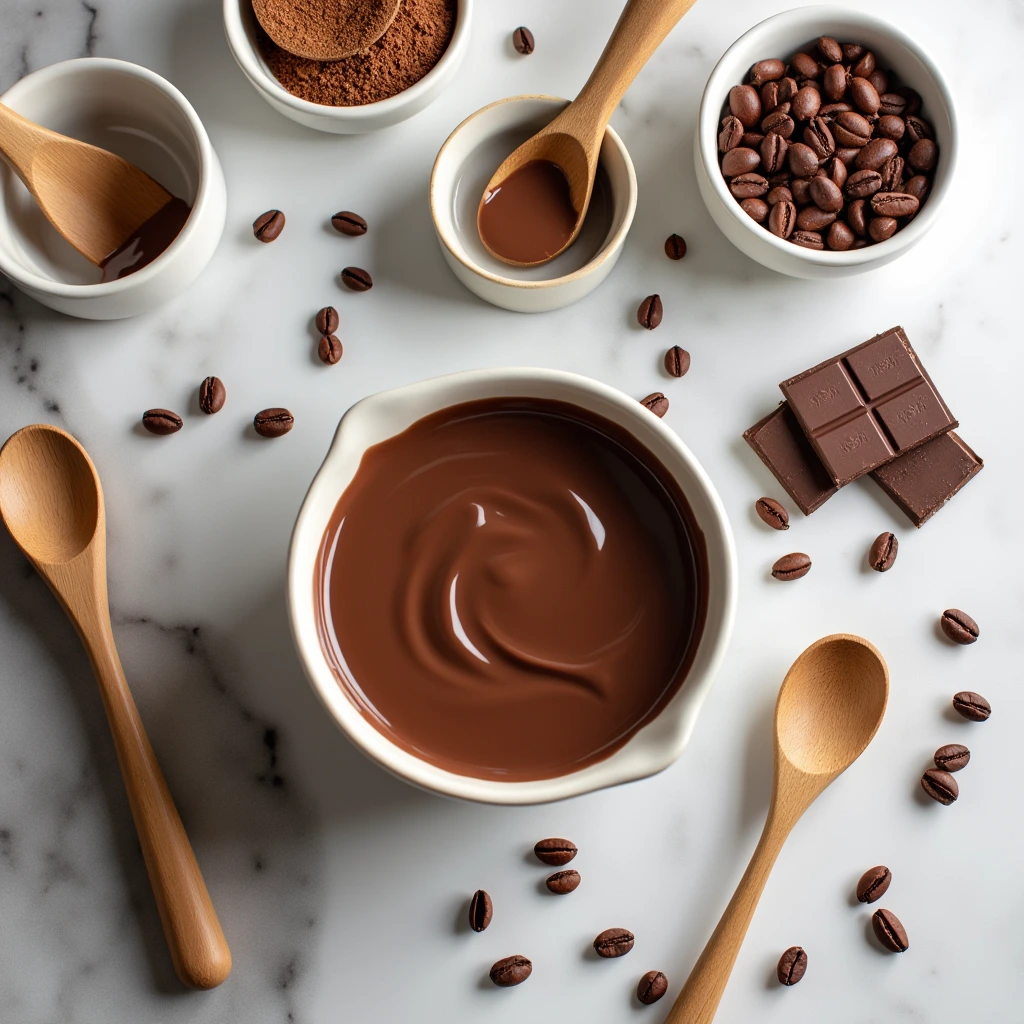 A warm and inviting flat lay of milk chocolate, cocoa beans, and kitchen utensils on a marble countertop.