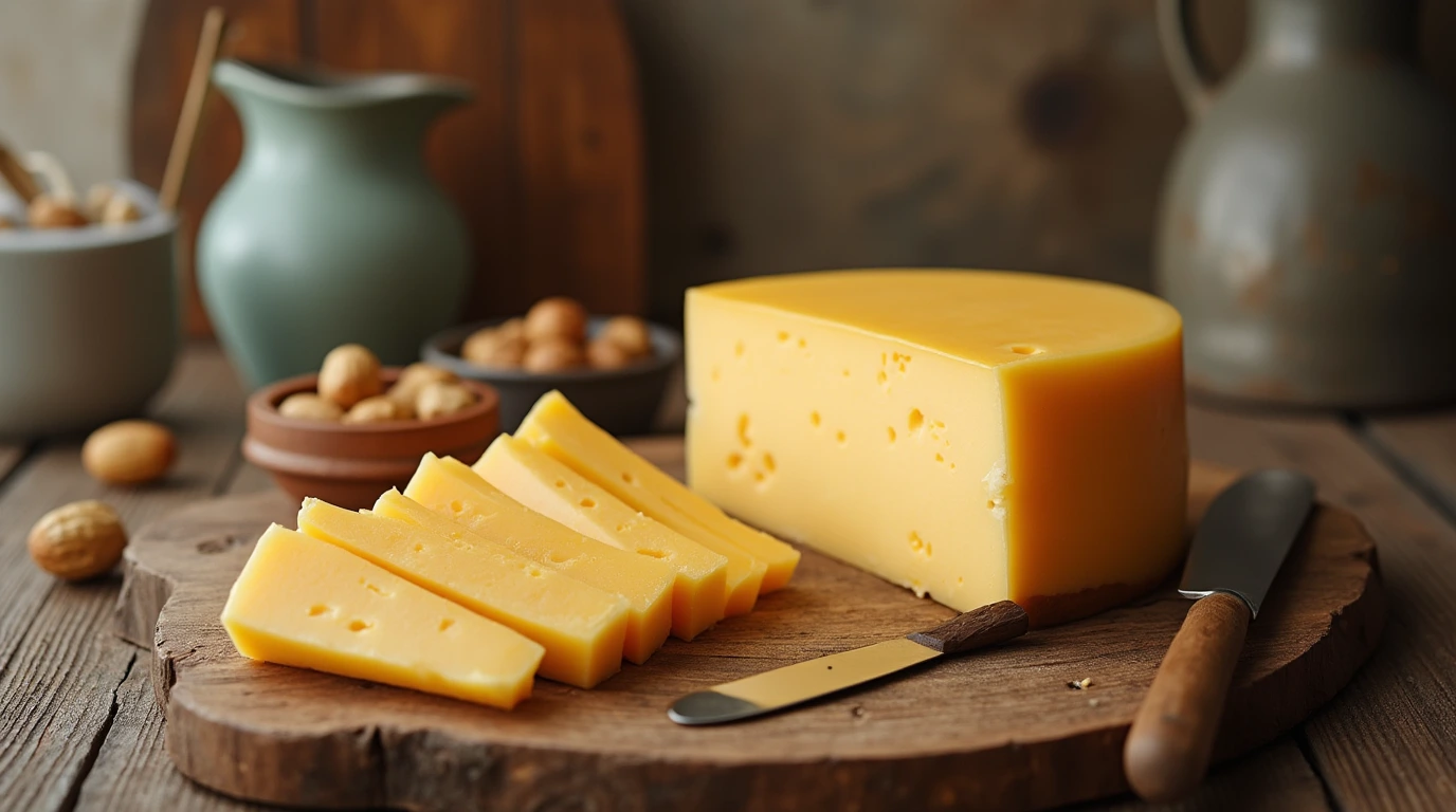 A rustic wheel of Gouda cheese with sliced wedges and nuts on a wooden counter.