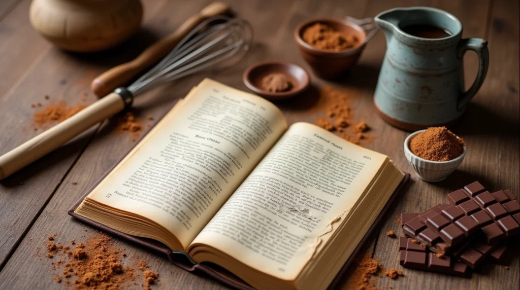 A rustic kitchen scene with chocolate bars, a recipe book, and vintage utensils on a wooden table.