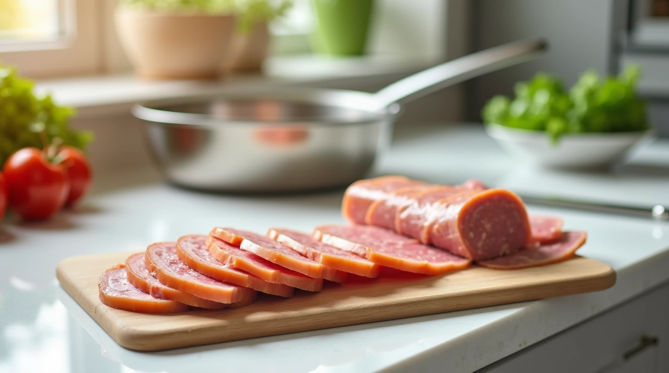Open can of luncheon meat with sliced pieces on a cutting board in a modern kitchen setup.