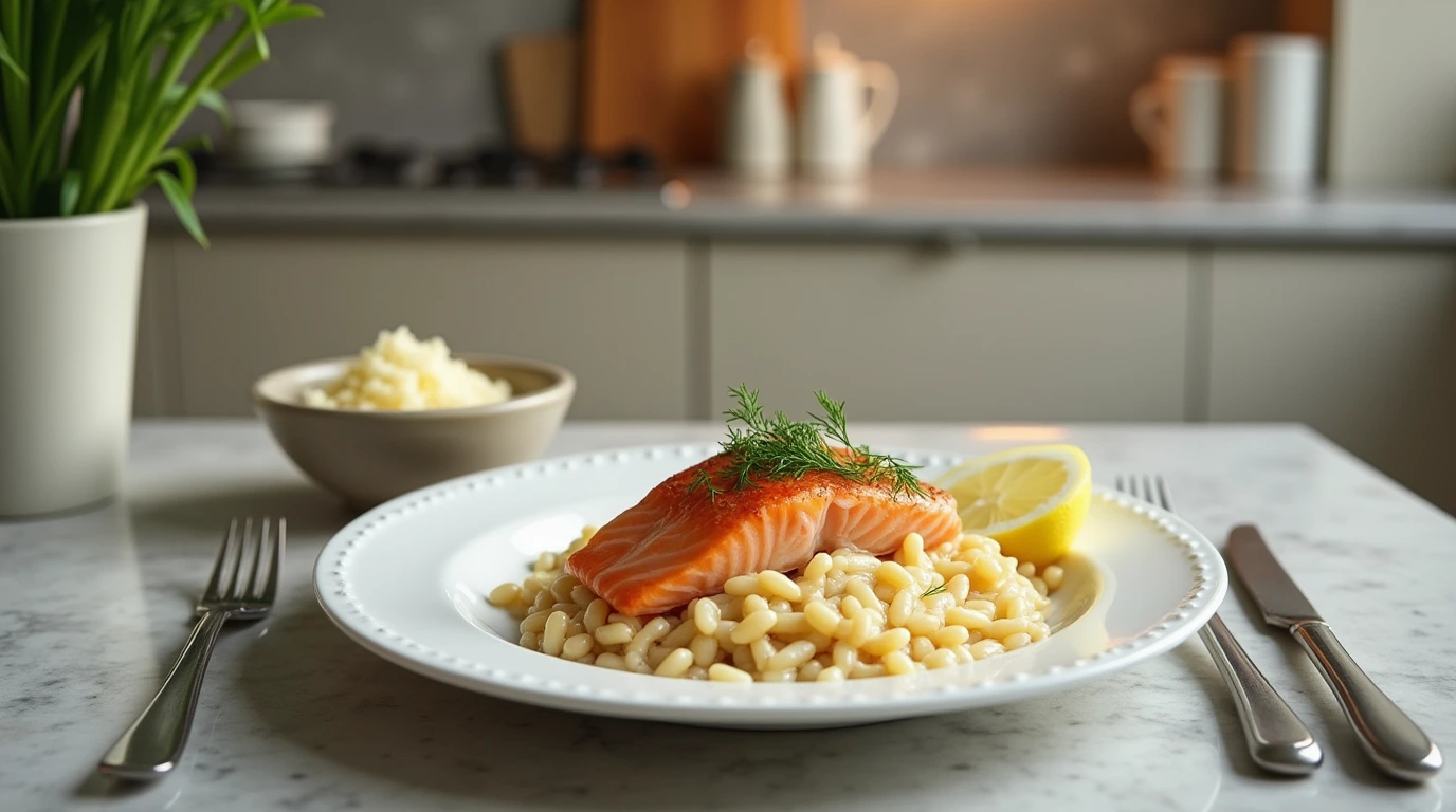 Plate of creamy salmon risotto garnished with dill and lemon in a modern kitchen setting.