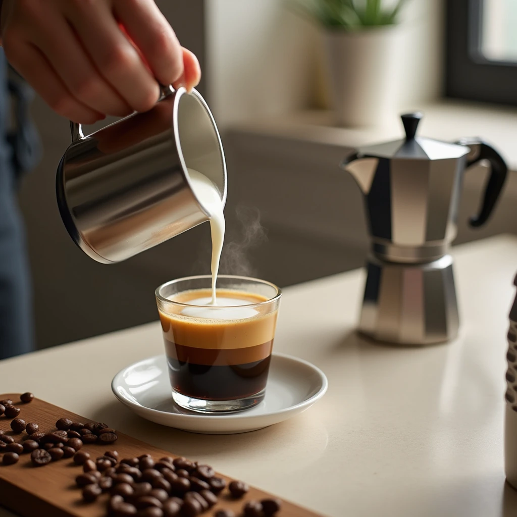 Barista pouring steamed half-and-half into espresso to make a creamy breve coffee in a modern kitchen.
