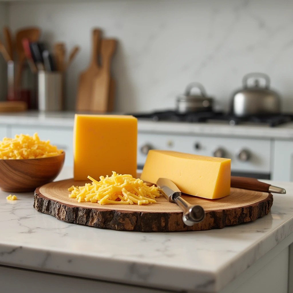 A rustic kitchen setup featuring cheddar cheese on a cutting board with grated cheddar in a bowl.