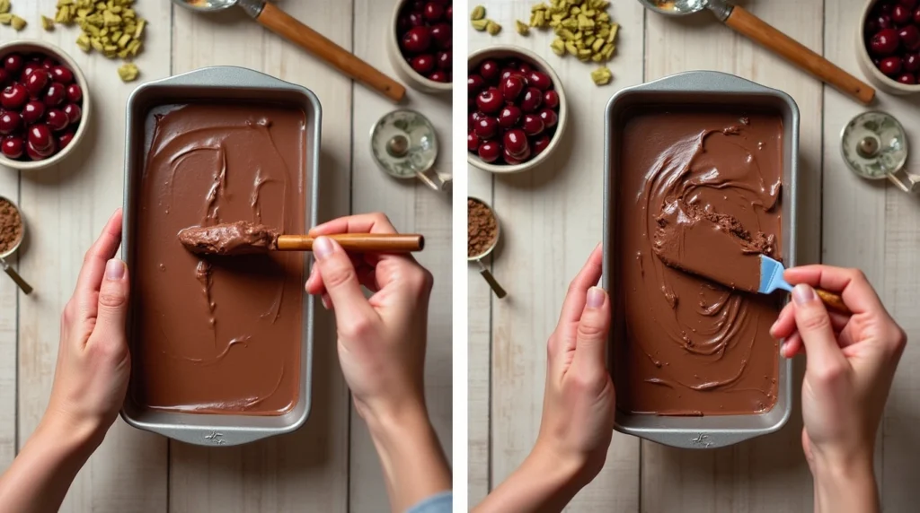 Hands layering chocolate ice cream in a loaf pan surrounded by spumoni ingredients like candied fruits and pistachios.