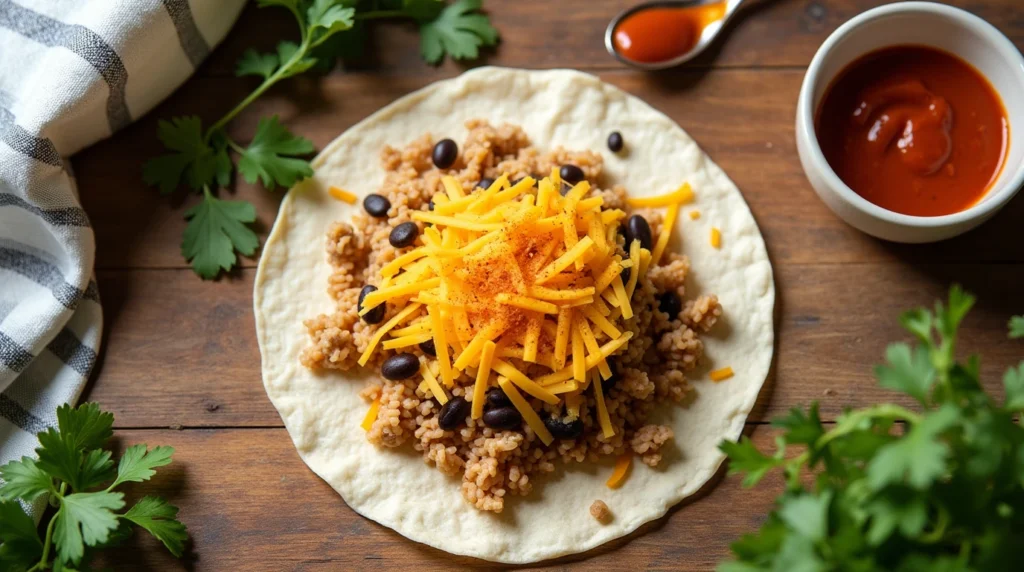 Grilled cheese burrito assembly with rice, beans, and meat layered on a tortilla.