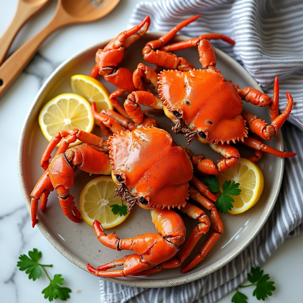 A kitchen counter with steamed crabs, lemon wedges, parsley, and wooden utensils on a marble surface.
