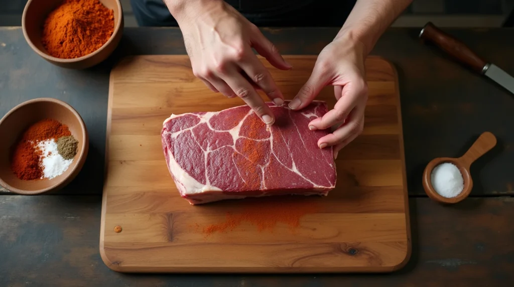 A chef seasoning a large brisket with dry rub spices on a wooden cutting board, ready for smoking.